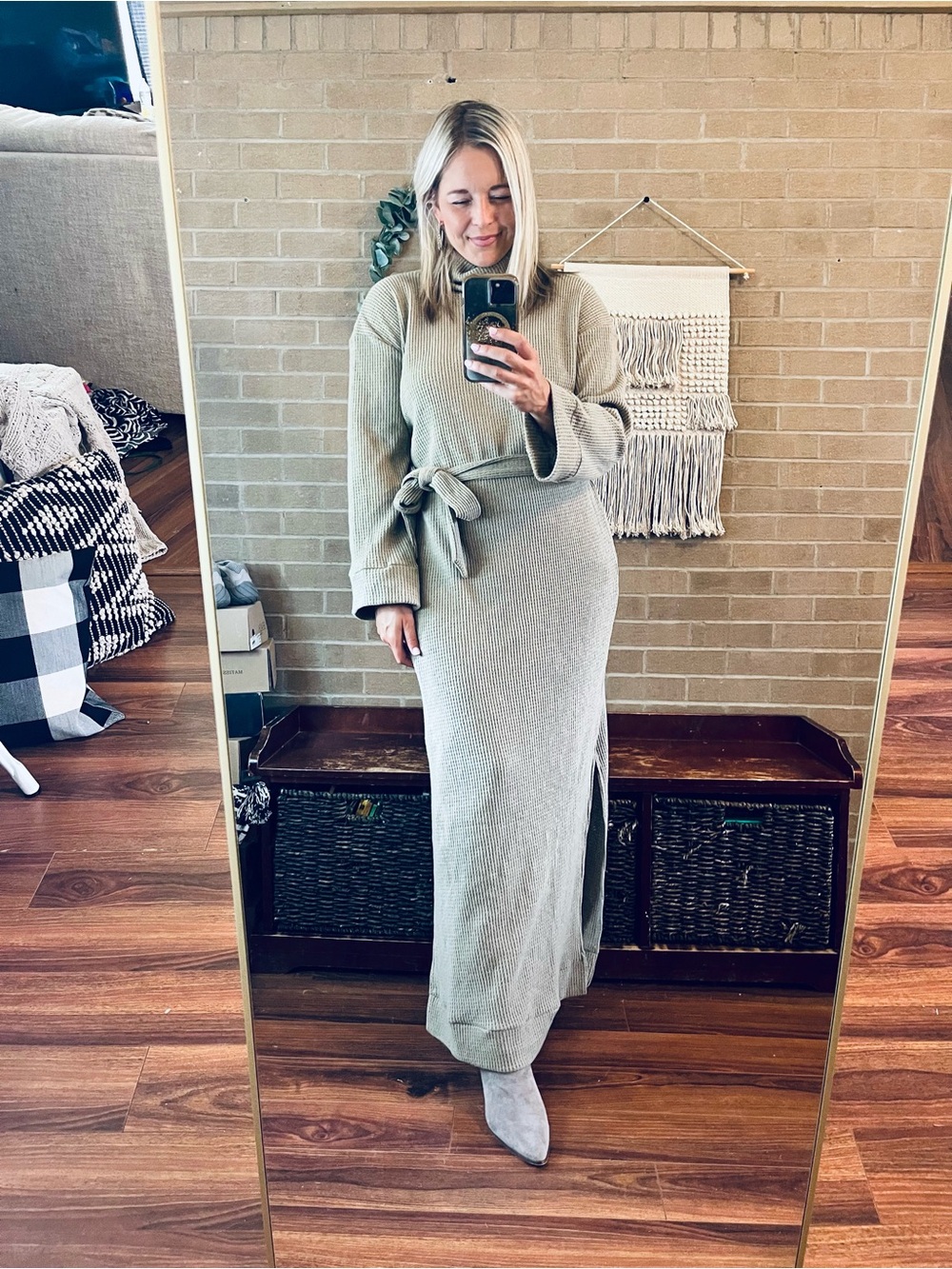 Turtleneck Belted Maxi Dress in Neutral Beige - Picture 5 of 5
